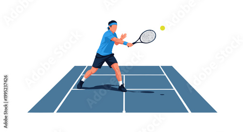 Male tennis player hitting a backhand on a blue court illustration