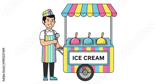 Smiling man in uniform standing by a colorful ice cream cart.