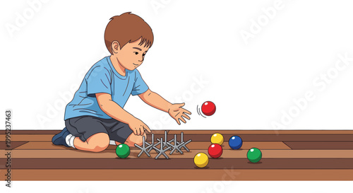 A young boy plays a jacks game with colorful balls.