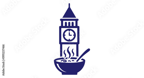 Big Ben clock tower with a steaming bowl of soup and spoon.