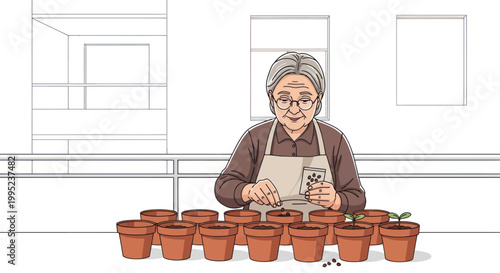 Elderly woman planting seeds in pots on a balcony