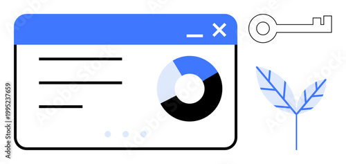 Business analytics, data security, sustainability, user interface design, online growth, encryption. Minimalist dashboard with chart, key and leaf graphic. Data security and sustainability concepts