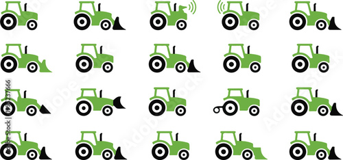 Seamless pattern of green tractors with front loaders in various poses on checkered background.