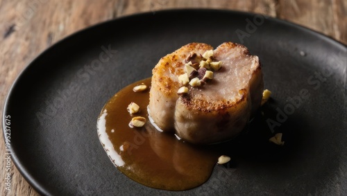 Gourmet Pork Medallion with Sauce and Pine Nuts on a Dark Plate.