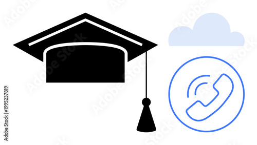 Online learning, remote education, graduation achievements, cloud computing, virtual communication, educational technology. Graduation cap with a cloud and phone icon. Online learning and remote