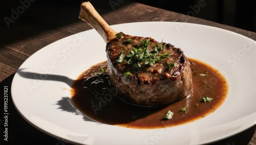 Gourmet Tomahawk Steak with Rich Sauce and Garnish on White Plate.