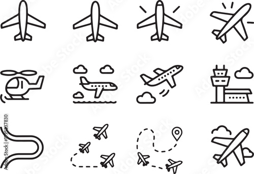 Airplane and aviation icon set includes various types of aircraft, flight paths, and airport control tower.