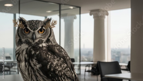 Great Horned Owl Perched in Modern Office Interior with Large Windows.