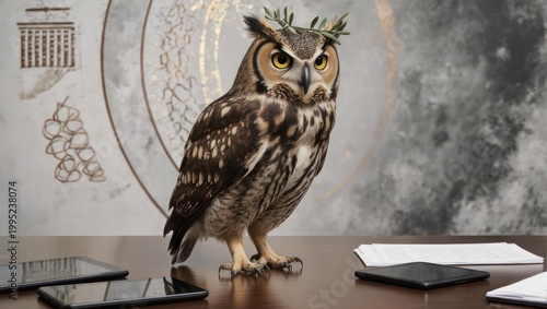 Great Horned Owl Perched on a Desk with Technology and Art.