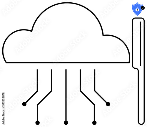 Cloud computing concept. Cloud computing illustrated with network connectivity and security. Cloud computing enables secure data storage, sharing, and management. For IT, data protection, networking