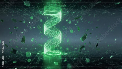 Green energy vortex with particles and abstract shapes.