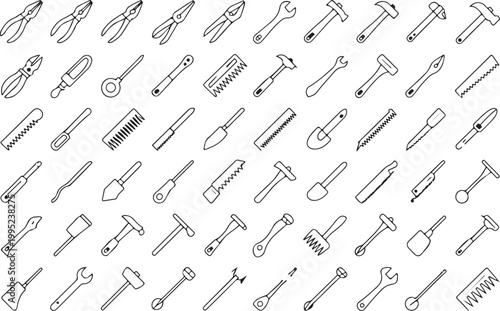 Industrial work tool icon set with hammers saws pliers wrenches and hand equipment for carpentry plumbing and home repair service.