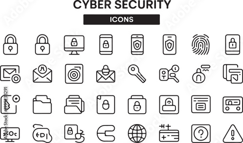Cyber security icons collection on transparent background including locks fingerprints firewalls and data protection for digital safety.