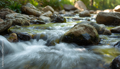 Small River Flowing Over Stones in Soft Sunlight with Peaceful Atmosphere