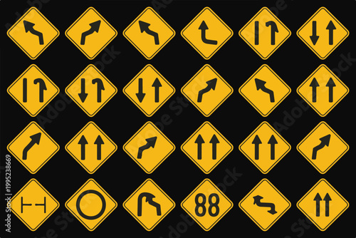 Set of yellow diamond road warning signs with arrows indicating curves winding paths lane changes and traffic flow directions.