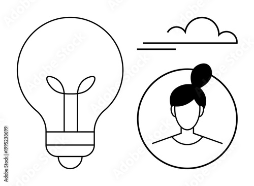 Idea generation, creativity, innovation, brainstorming, personal growth, identity inspiration. A light bulb and woman silhouette with cloud lines. Creativity and innovation concept