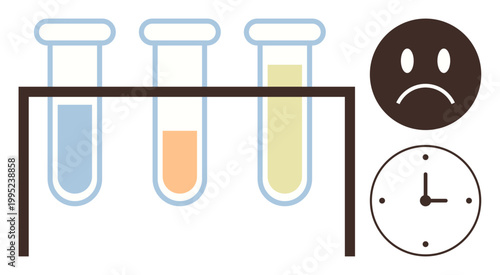 Science research, time management, emotions, laboratory processes, decision-making, diagnostics. Three test tubes on a rack, clock and sad face symbol. Science research and time management concept