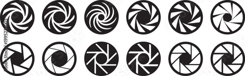 Camera aperture shutters set showing various diaphragm openings and blade configurations for photography and video lens vector.