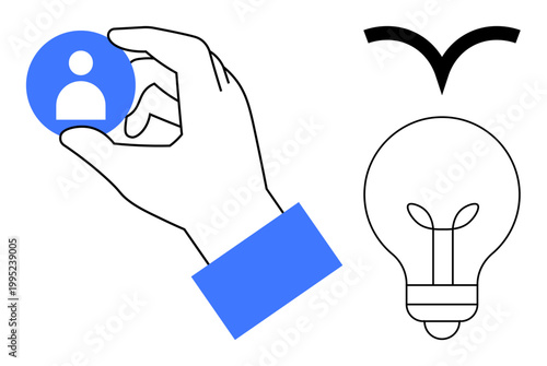 Digital identity, creativity, innovation, teamwork, idea generation, and connection. A hand holds a user icon near a light bulb and a bird symbol. Creativity and innovation concept
