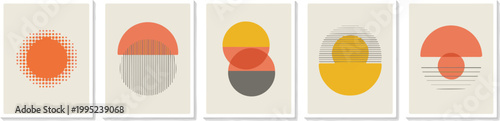 Abstract geometric art prints with circles, lines, and dots in warm colors, mid-century modern style, beige background.