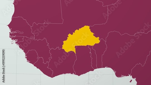 Burkina Faso map. Animated zoom into the country on the Globe in Pale Mint Dark Pink color palette. Country logo animation with round text and airplanes. Map with meridians, parallels.