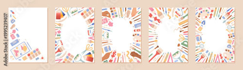 Cartoon artist tool kit background template with flat white rectangle space. Vertical art supplies frame as cute painting and drawing layout. Color stationery set suits school craft class, study
