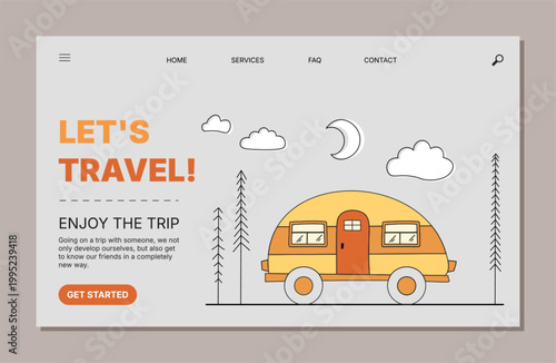 Horizontal adventure camp car in doodle background style. Outdoor travel and forest trip scene with colorful graphic design elements, perfect for creative use and adventure themes.