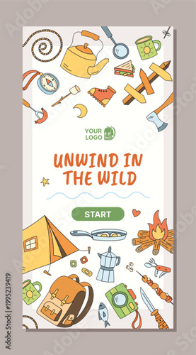 Colorful vertical camp doodle sketch with tent, backpack and campfire equipment. Adventure and hiking camp in hand style, coffee colorfull background design, perfect for outdoor theme recreation.