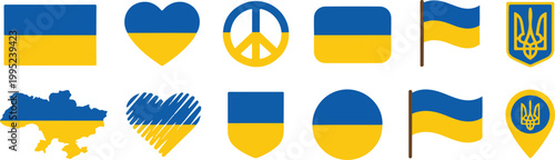 Set of ukrainian flag elements with heart shape map peace symbol and various other national symbols on background.