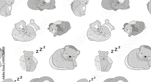 Sleeping animals seamless pattern with teddy bears and puppies