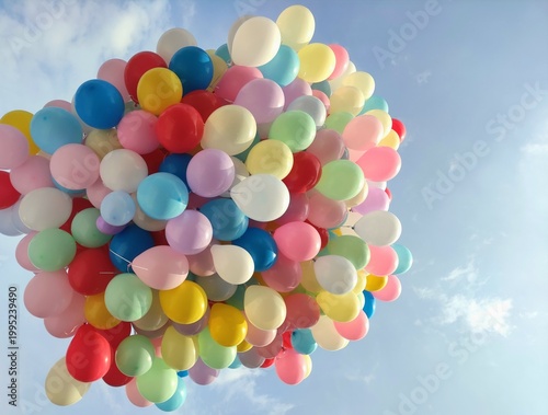 Colorful balloons floating in sky, celebration and festive background.