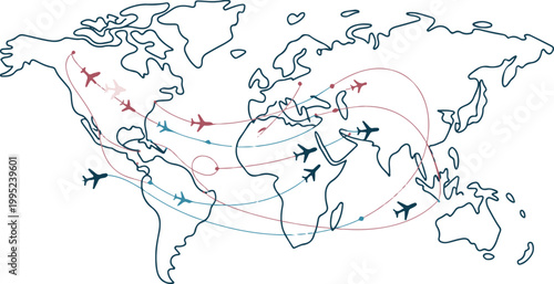 World map with global flight routes and airplanes showing international travel logistics and aviation pathways across continents.