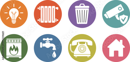 Collection of home utility icons on colorful circles, light bulb heater trash can cctv stove water tap phone house.