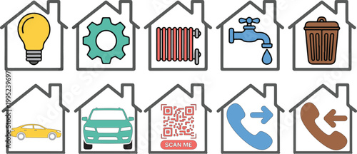 Set of smart home icons inside house frames, light bulb gear heater water tap trash car qr code phone calls.