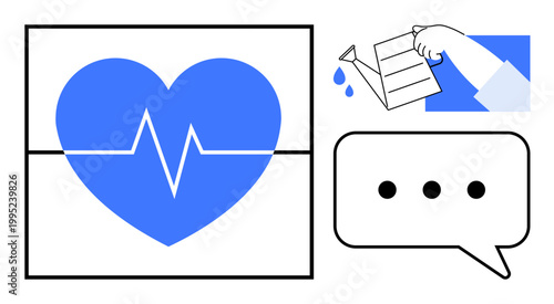 Health, personal development, growth, self-care, wellness, communication. Blue heart with ECG lines, hand holding a watering can and speech bubble. Health and personal development concept