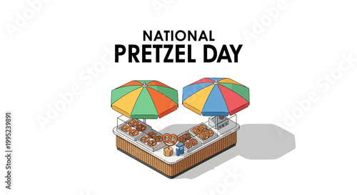 Isometric vector illustration displaying National Pretzel Day with a pretzel stand featuring a variety of baked pretzels under colorful umbrellas against a clean white background