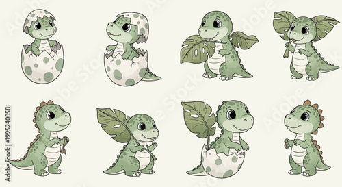 Cute cartoon dinosaurs hatching from eggs and playing with leaves