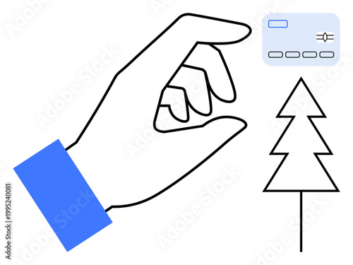 Finance, sustainability, digital payments, eco-friendly economy, environmental conservation, personal finance management. A hand gesturing near a credit card and pine tree outline. Finance