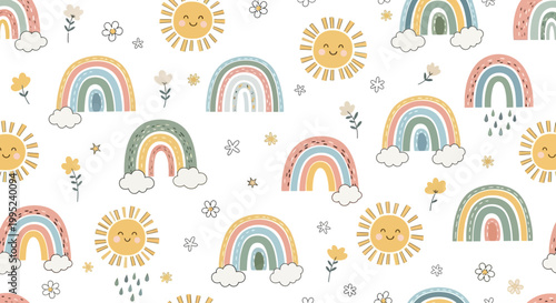 Colorful cartoon rainbows and smiling suns with flowers on white background