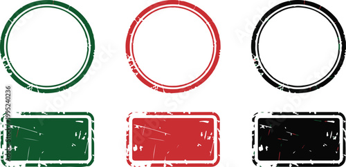 Set of distressed grunge stamp frames in various colors like green, red, and black, featuring round and rectangular shapes.