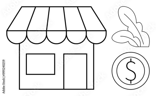 Entrepreneurship, local business, eco-friendly commerce, sustainability, finance, small-scale trade. Outline of a shop, a dollar coin and leaf accents. Local business and sustainability