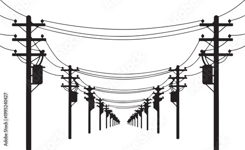 Electric utility poles silhouette with overhead power lines in perspective view isolated on transparent background grid pattern.