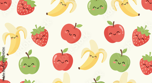 Cute cartoon fruit pattern with smiling apples bananas and strawberries on cream background