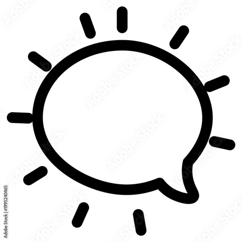 Speech bubble with sun rays around circular shape, clean outline style, simple flat illustration, isolated on light background, expressive comic dialogue element.
