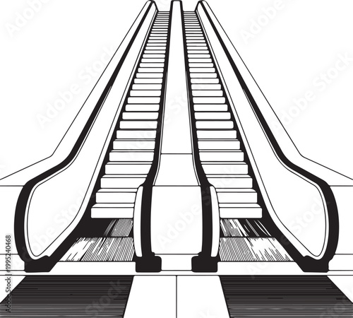 Two escalators moving up and down modern transportation elements for shopping mall or office building.