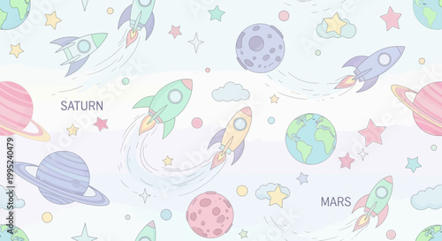 Colorful cartoon space illustration with rockets planets and stars seamless pattern
