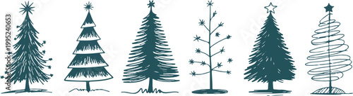 Set of unique and stylized christmas trees, hand drawn in a dark teal color, isolated on a transparent background.