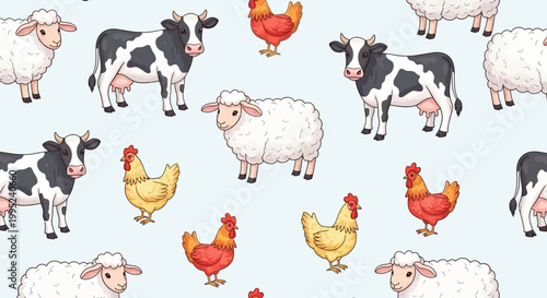 Cute farm animals cartoon pattern with cows sheep and chickens on light blue background