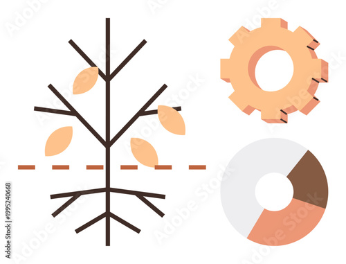 Environmental growth, data processing, business strategy, mechanization, analytics, planning. Tree diagram with leaves, gear symbol and circular chart. Growth and data analysis concept