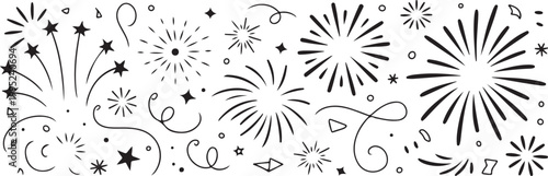 Collection of hand-drawn fireworks starbursts and swirls celebratory elements and festive accents for party or holiday.